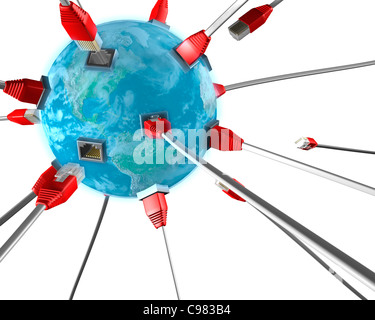 Network cable connectors plugging into the Earth globe. Internet connection WWW global communication ISP network concept Stock Photo