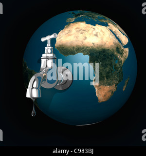 Water dripping from an open tap attached to the Earth. Isolated on dark blue background. Stock Photo