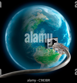 Network cable plugging in to the globe. Internet connection, www, global communication, network concept Stock Photo