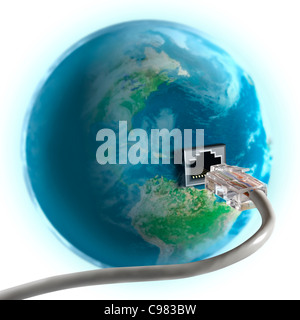 Network cable plugging in to the globe. Internet connection, www, global communication, network concept Stock Photo