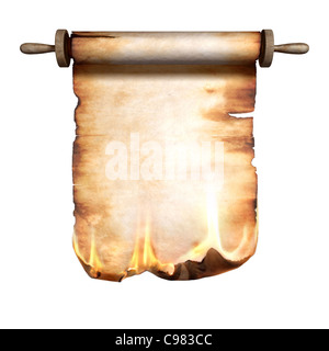 Burning roll of parchment isolated on white background Stock Photo