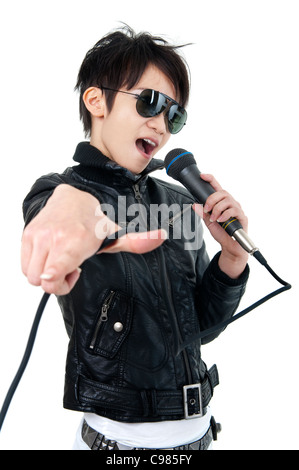 Asian rock singer in performance, isolated on white Stock Photo