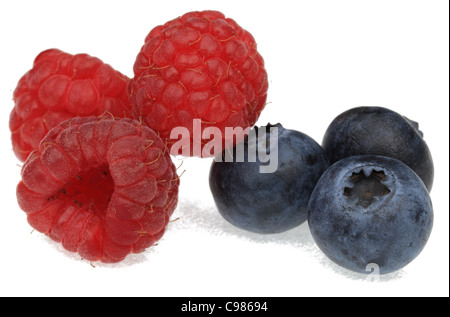 Image of blueberries and raspberries photographed in a studio against a white background. Stock Photo