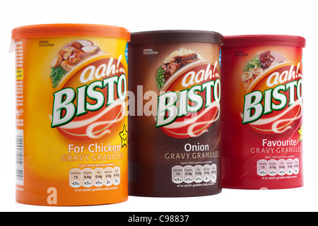 Three containers of Bisto gravy granules chicken onion and favourite Stock Photo