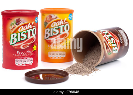 Three containers of Bisto gravy granules chicken onion and favourite Stock Photo