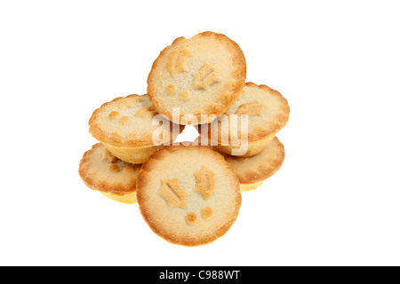 Group of Christmas holly themed mince pies isolated against white Stock Photo
