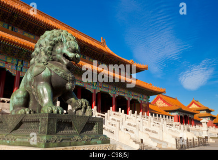 bronze lion, Gate of Supreme Harmony, Outer Court, Forbidden City, Beijing, Peoples Republic of China, Asia Stock Photo
