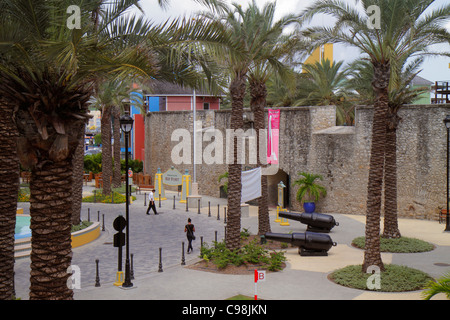 Willemstad Curaçao,Netherlands Lesser Leeward Antilles,ABC Islands,Otrobanda,Rif Fort,fortress,cannon,stone wall,outside exterior front,entrance,palm Stock Photo