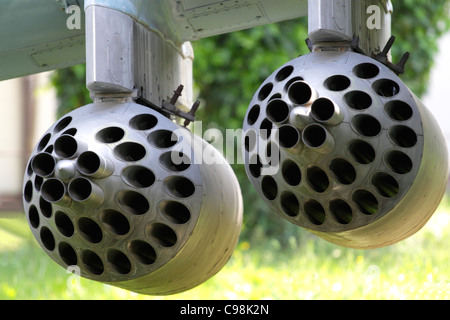 Rocket pods for 57mm unguided rockets under the stub-wing of a Mil Mi-24 HIND attack helicopter Stock Photo