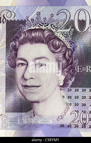 £20 Note Close Up showing the queens head Stock Photo