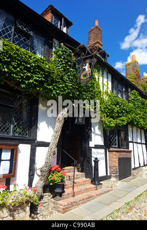 The Mermaid Inn, Mermaid Street in summer sunshine, Rye, East Sussex, England, UK, United Kingdom, GB, Great Britain, Stock Photo