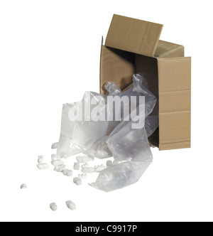 studio photography of a carton and some fallen out filling material, isolated on white with clipping path Stock Photo