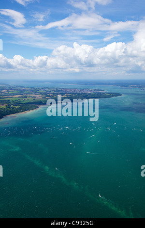 Aerial photo of  yachts racing in Cowes Week on the Solent, Isle of Wight, Hampshire, England, UK, United Kingdom, GB, Stock Photo