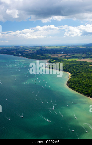 Aerial photo of  yachts racing in Cowes Week on the Solent, Isle of Wight, Hampshire, England, UK, United Kingdom, GB, Stock Photo