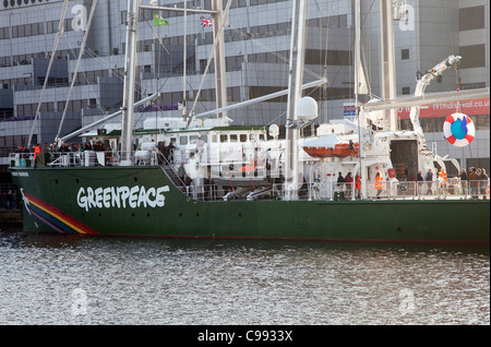 Greenpeace ship Rainbow Warrior III moored in Docklands, London Stock Photo