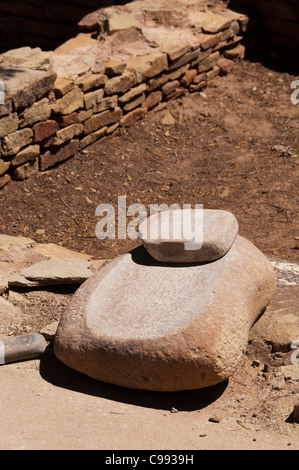 Mano and metate, Great Kiva Trail, Chimney Rock Archaeological Area, Pagosa Springs, Colorado. Stock Photo