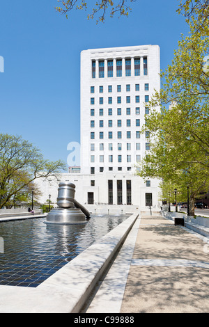 The Gavel, a stainless steel sculpture in the reflecting pool of the Ohio Judicial Center in Columbus, Ohio. Stock Photo