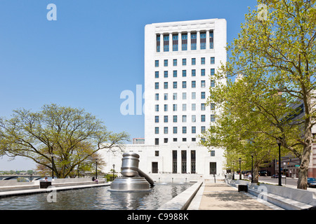 The Gavel, a stainless steel sculpture in the reflecting pool of the Ohio Judicial Center in Columbus, Ohio. Stock Photo