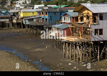 Castro in Chiloe, Chile, is among the few places where you can still see palafitos, traditional houses built on stilts. Stock Photo