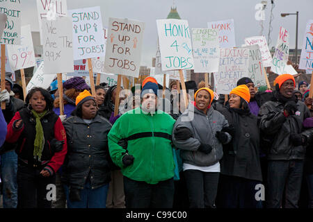 Detroit, Michigan - Supported by members of the Service Employees International Union and the United Auto Workers, members of the 'occupy' movement block a crumbling bridge to demand passage of President Obama's American Jobs Act. Stock Photo