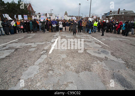 Detroit, Michigan - Supported by members of the Service Employees International Union and the United Auto Workers, members of the 'occupy' movement block a crumbling bridge to demand passage of President Obama's American Jobs Act. Stock Photo