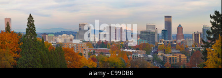 Portland Oregon City Skyline and Mount Hood in the Fall Panorama Stock Photo