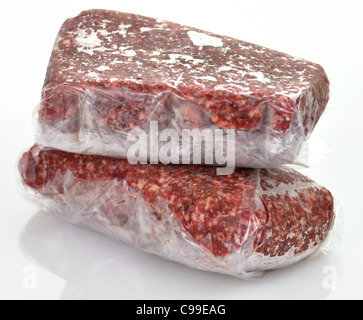 frozen ground meat in plastic package, close up Stock Photo