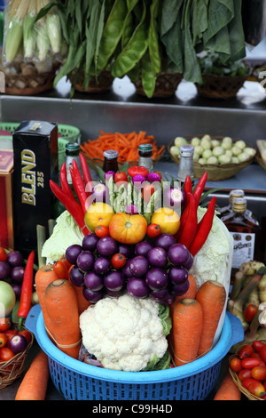 Vegetable platter on food stall at Krabi River night market. Stock Photo