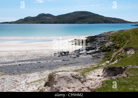 The island of Sandray seen across Sandray Sound from the south of Vatersay in the Outer Hebrides. Stock Photo