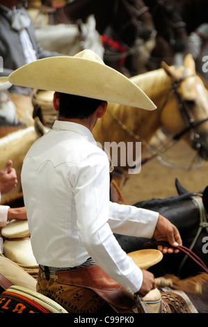 Mexico, Bajio, Zacatecas, Traditional horseman or Charro performing at ...