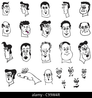 A set of funny cartoon heads and faces of men. Stock Photo