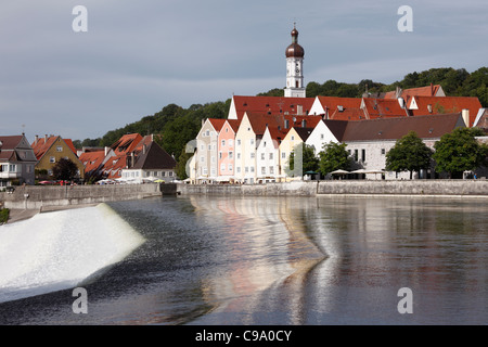 Germany, Bavaria, Upper Bavaria, Landsberg am Lech, View of Lech river in front of town Stock Photo