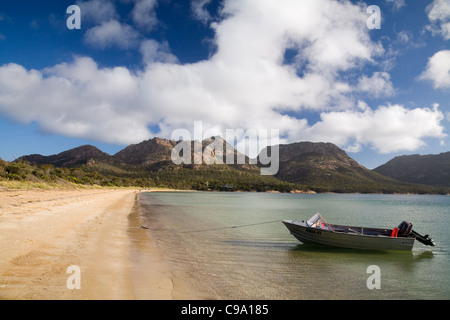 View along Coles Bay to The Hazards mountain peaks.  Freycinet National Park, Tasmania, Australia Stock Photo