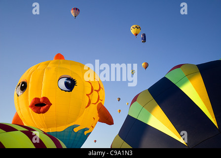 USA, New Mexico, Albuquerque, Annual balloon fiesta, Colourful hot air balloons. Stock Photo