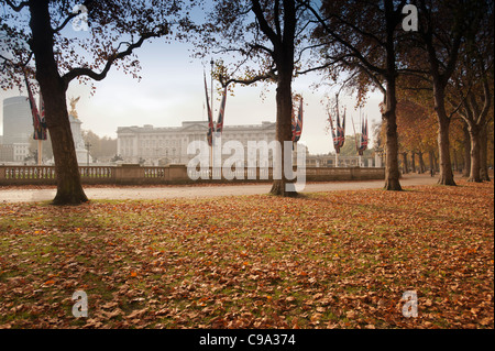 Atmospheric view of Buckingham Palace from London's Green Park, in late autumn.