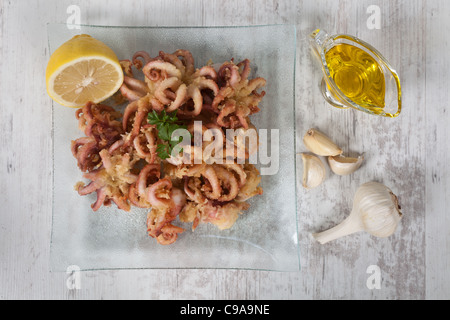 Crusty delicious fried octopus served on a plate Stock Photo
