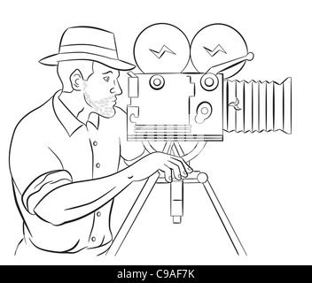 illustration of a Cameraman with vintage camera shooting side view done in the style of cartoon style isolated on white Stock Photo