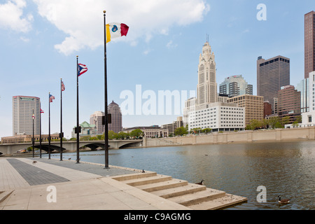 Cityscape of downtown Columbus, Ohio as seen from foot of Genoa Park across the Scioto River. Stock Photo