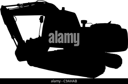 illustration of a construction mechanical digger excavator black and white silhouette on isolated white background Stock Photo