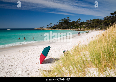 Beach umbrella at Binnalong Bay - a popular swimming beach in the Bay of Fires region. St Helens, Tasmania, Australia Stock Photo