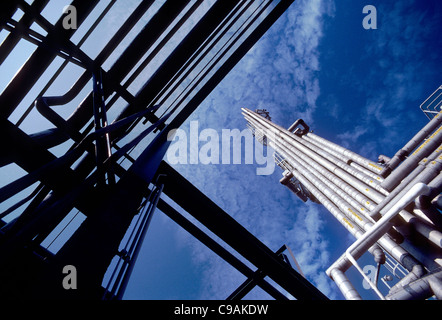 Graphic view of complex overhead pipes, oil refinery Stock Photo