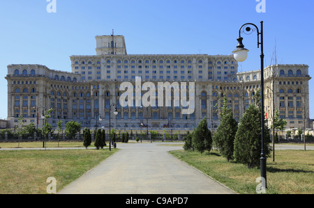 Lateral image of The Palace of the Parliament, also known as The People's House in the Cheauchesku's era, in Bucharest,Romania. Stock Photo