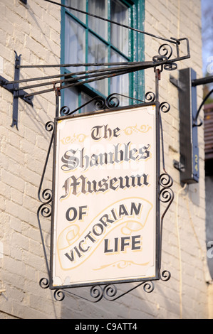 The sign outside of the Shambles Victorian Village in Newent, Gloucestershire - a museum of Victoriana Stock Photo