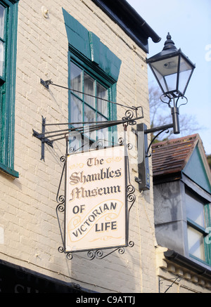 The sign outside of the Shambles Victorian Village in Newent, Gloucestershire - a museum of Victoriana Stock Photo