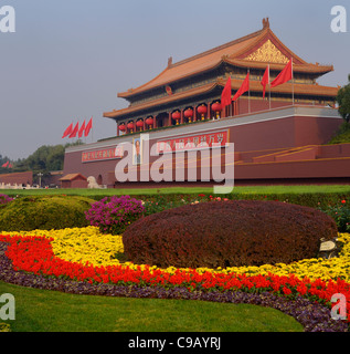 Flower garden at Tiananmen the Gate of Heavenly Peace entrance to Forbidden City Beijing Peoples Republic of China Stock Photo