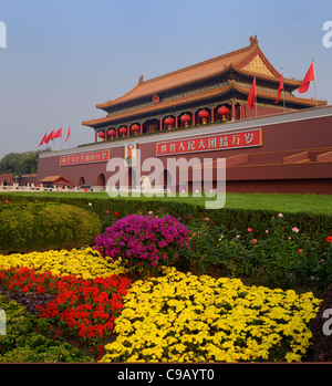 Flower garden at Tiananmen Gate of Heavenly Peace entrance to Imperial City Beijing Peoples Republic of China Stock Photo