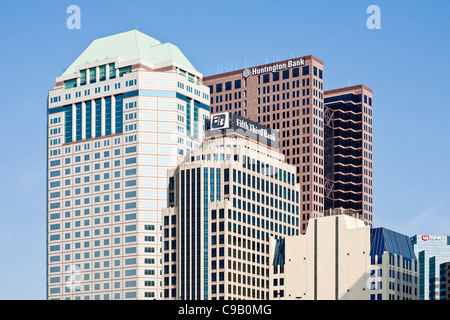 Close up view of high rise office towers in downtown Columbus, Ohio. Stock Photo