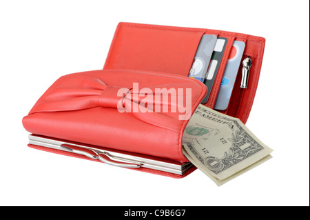 Red leather wallet with dollars and credit cards. It is isolated on a white background Stock Photo