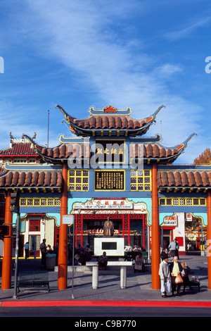 A colorful Chinese gateway marks the entrance to the Central Plaza of Chinatown and Dr. Sun Yat-sen monument in downtown Los Angeles, California, USA. Stock Photo