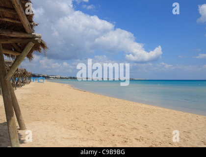 Sun shades on a deserted beach in Hammamet, Tunisia Stock Photo